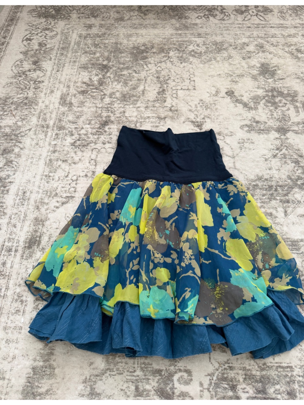 Free People Navy Blue Waistband Floral Chiffon Skirt - Teal & Lime Floral Print